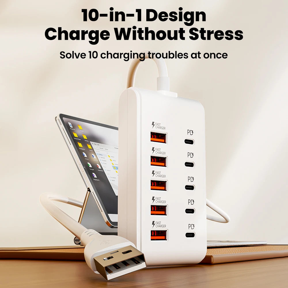 10-in-1 USB-C Charging Hub with 5 USB Ports – Fast Charging Adapter