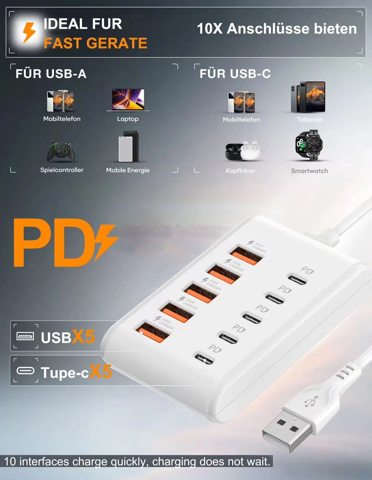 10-in-1 USB-C Charging Hub with 5 USB Ports – Fast Charging Adapter