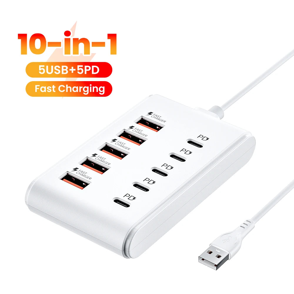 10-in-1 USB-C Charging Hub with 5 USB Ports – Fast Charging Adapter
